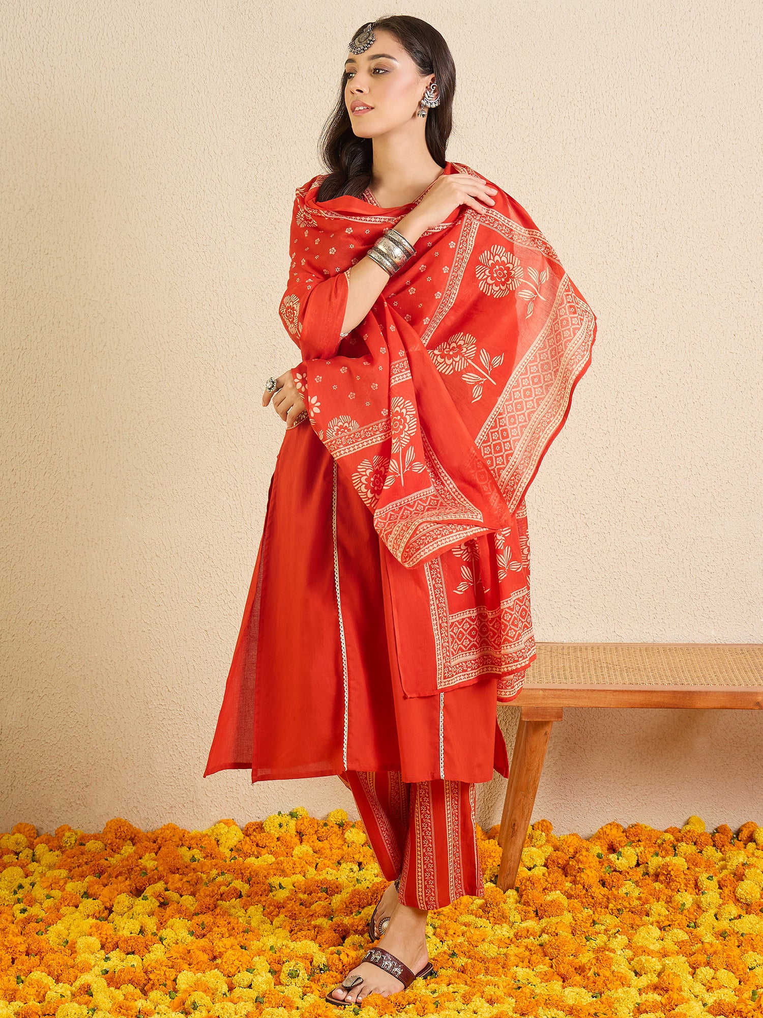 Indo Era Red Printed A-Line Kurta Palazzos With Dupatta set