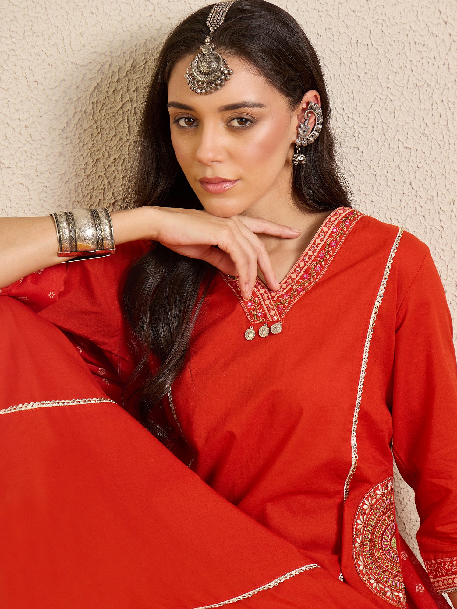Indo Era Red Printed A-Line Kurta Palazzos With Dupatta set