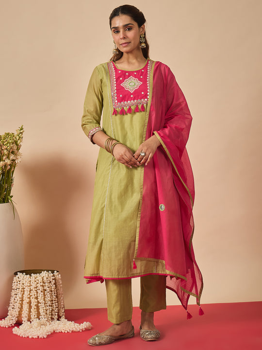 Indo Era Green Embroidered A-Line Kurta Trousers With Dupatta set