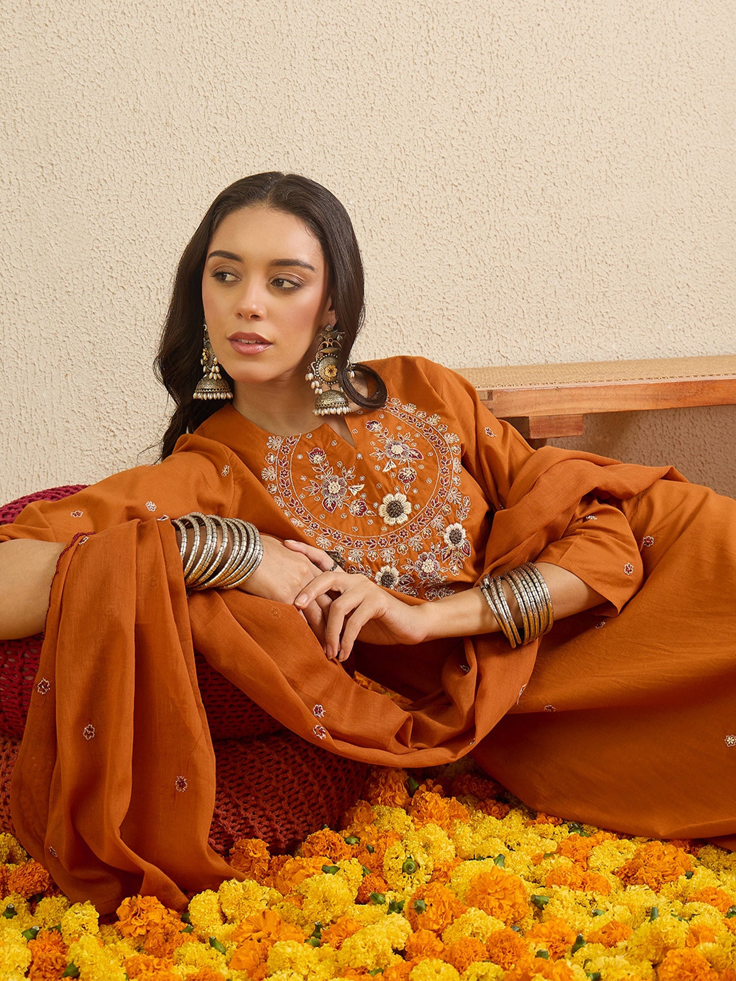 Indo Era Rust Embroidered Straight Kurta Palazzos With Dupatta set