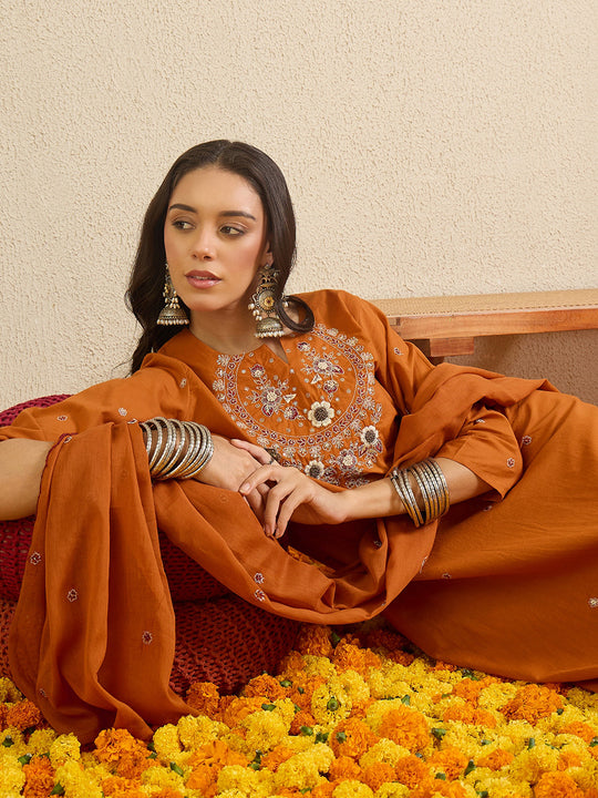 Indo Era Rust Embroidered Straight Kurta Palazzos With Dupatta set