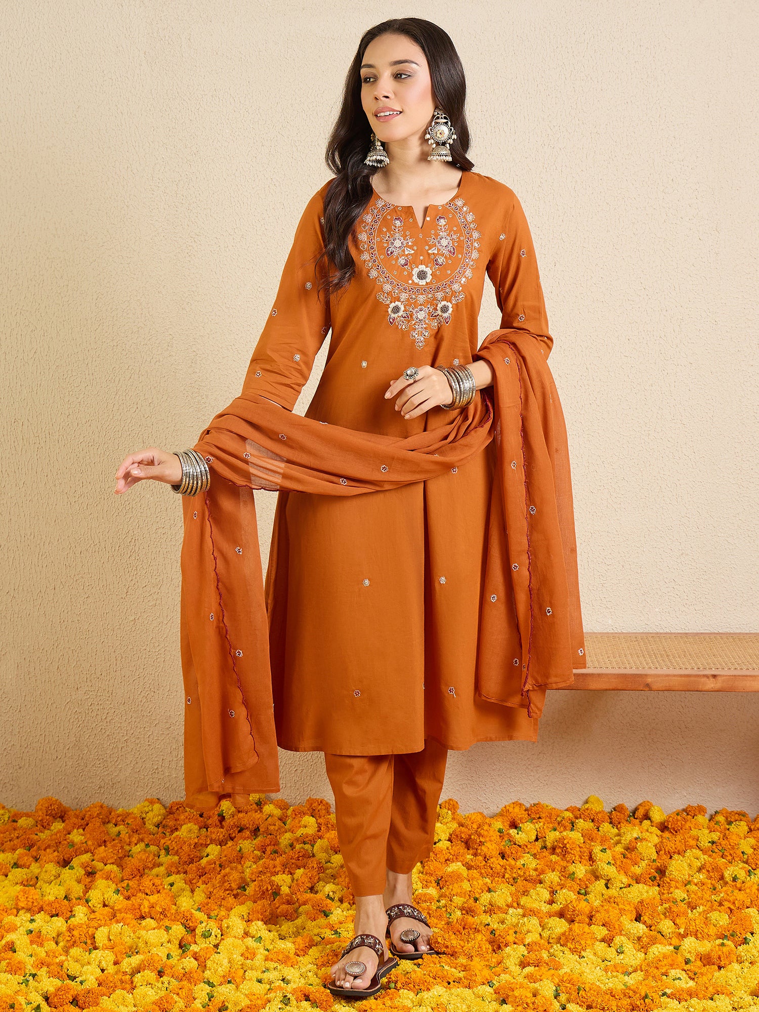Indo Era Rust Embroidered Straight Kurta Palazzos With Dupatta set