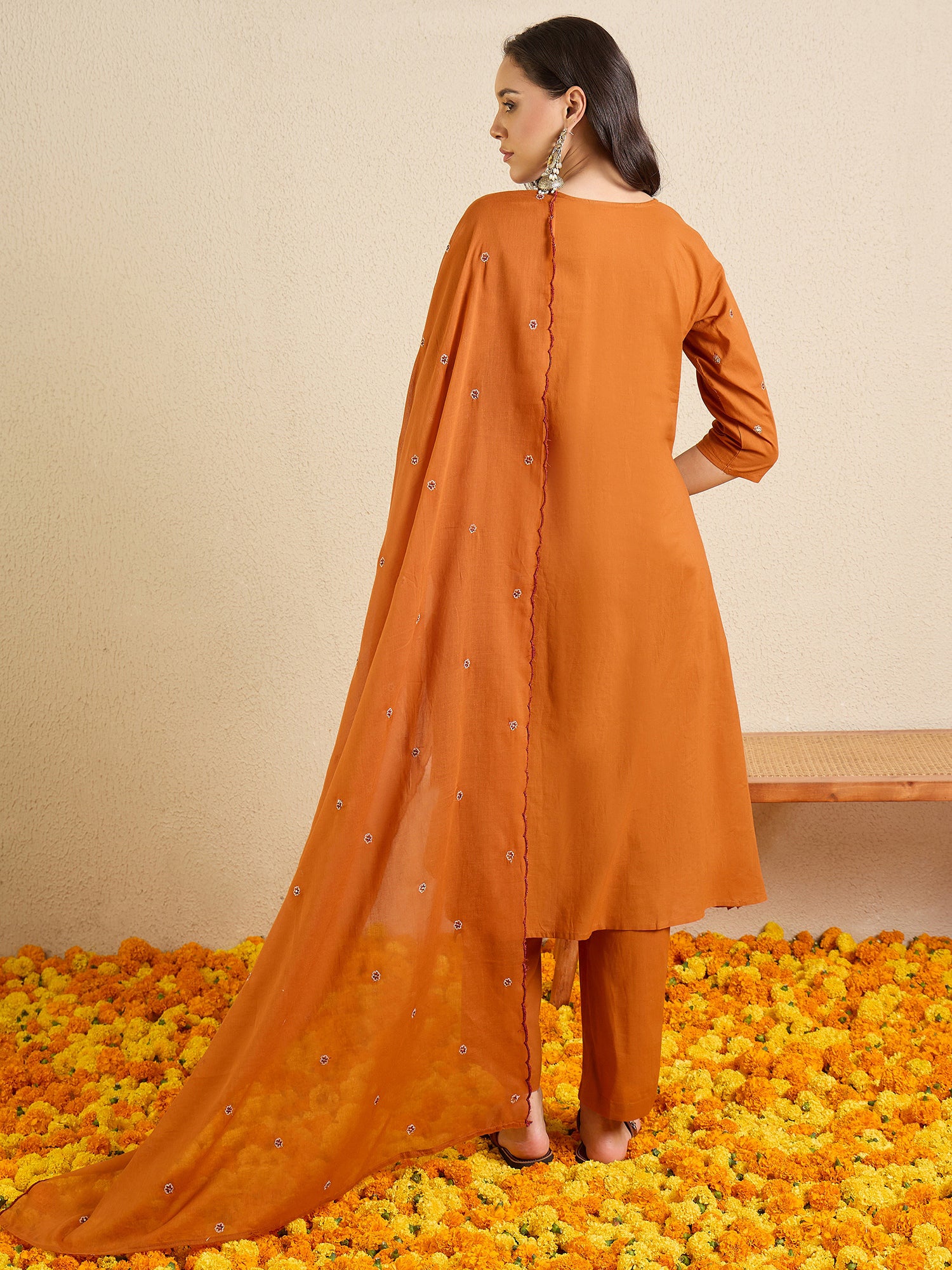 Indo Era Rust Embroidered Straight Kurta Palazzos With Dupatta set