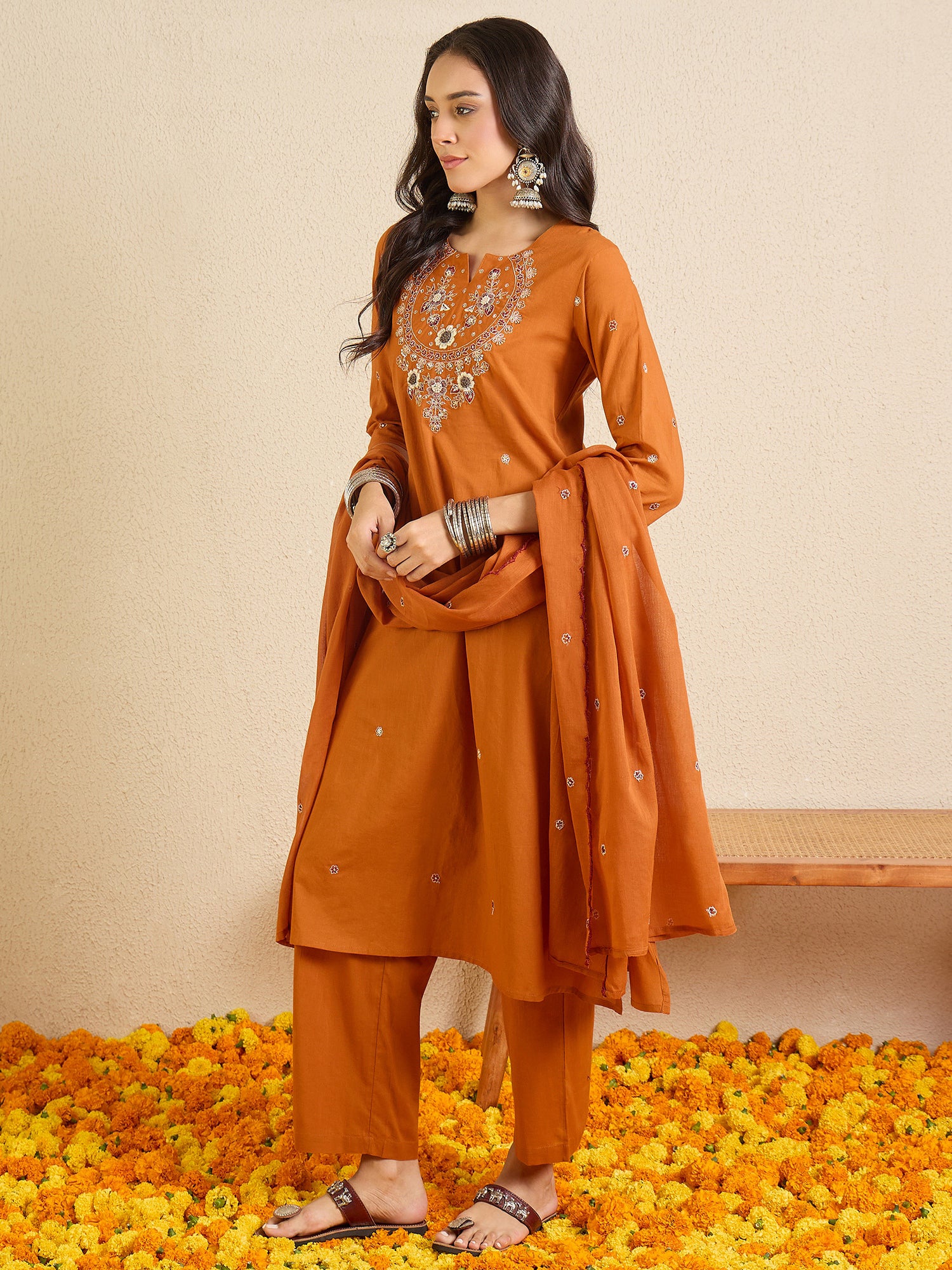 Indo Era Rust Embroidered Straight Kurta Palazzos With Dupatta set