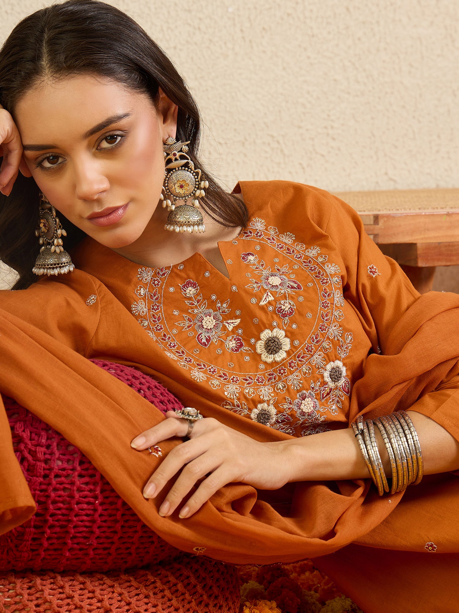 Indo Era Rust Embroidered Straight Kurta Palazzos With Dupatta set