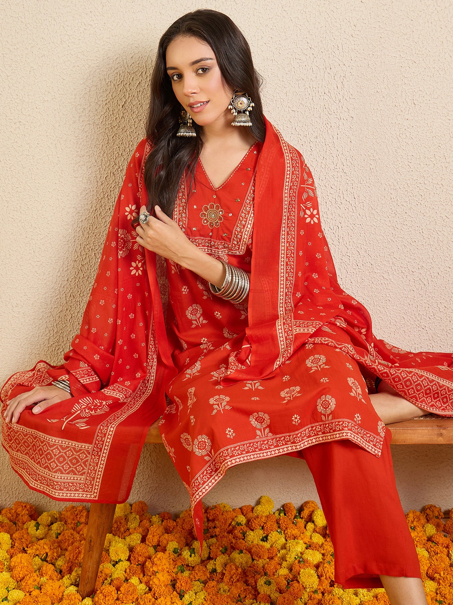 Indo Era Rust Printed Straight Kurta Trousers With Dupatta set