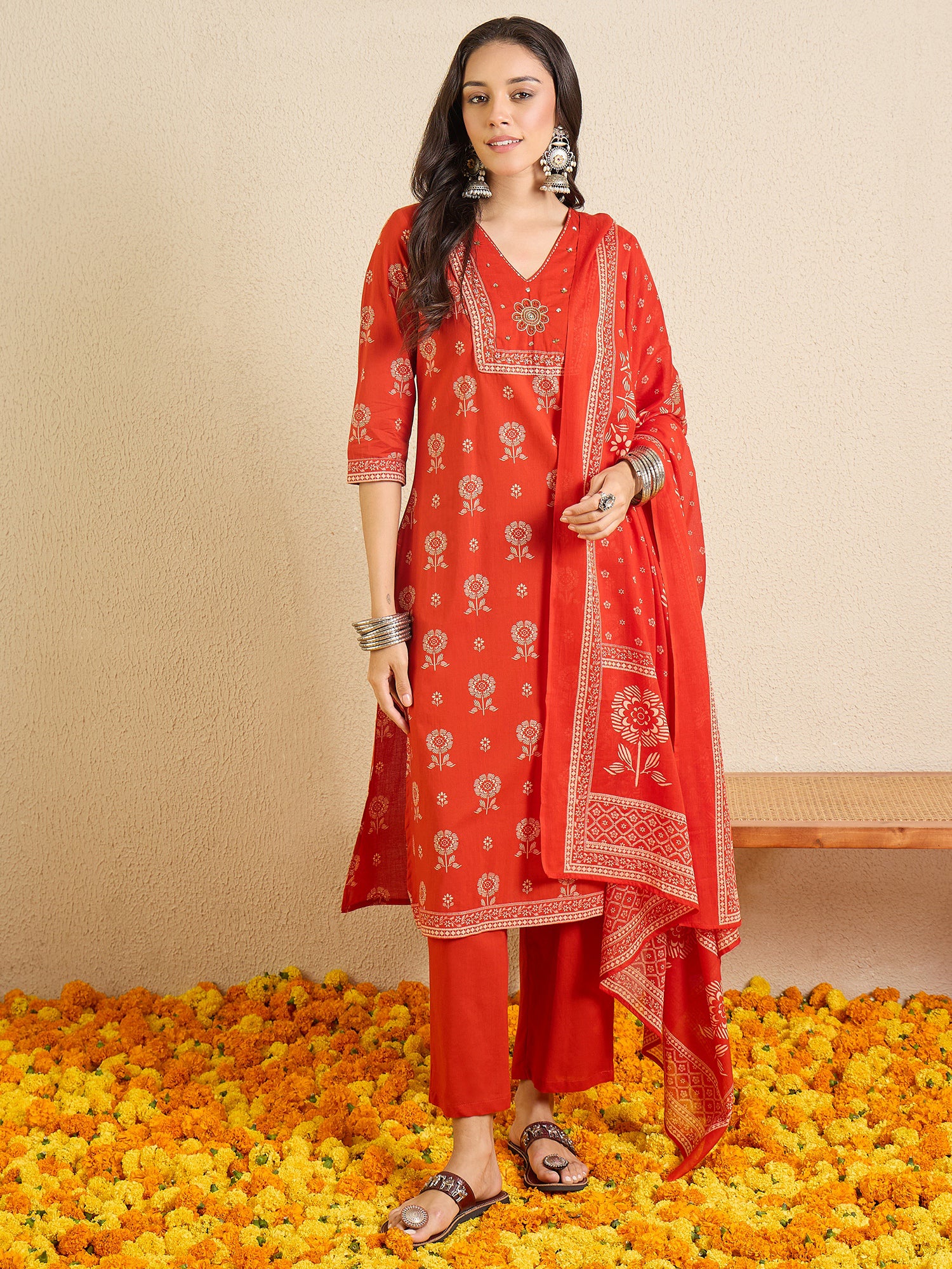 Indo Era Rust Printed Straight Kurta Trousers With Dupatta set