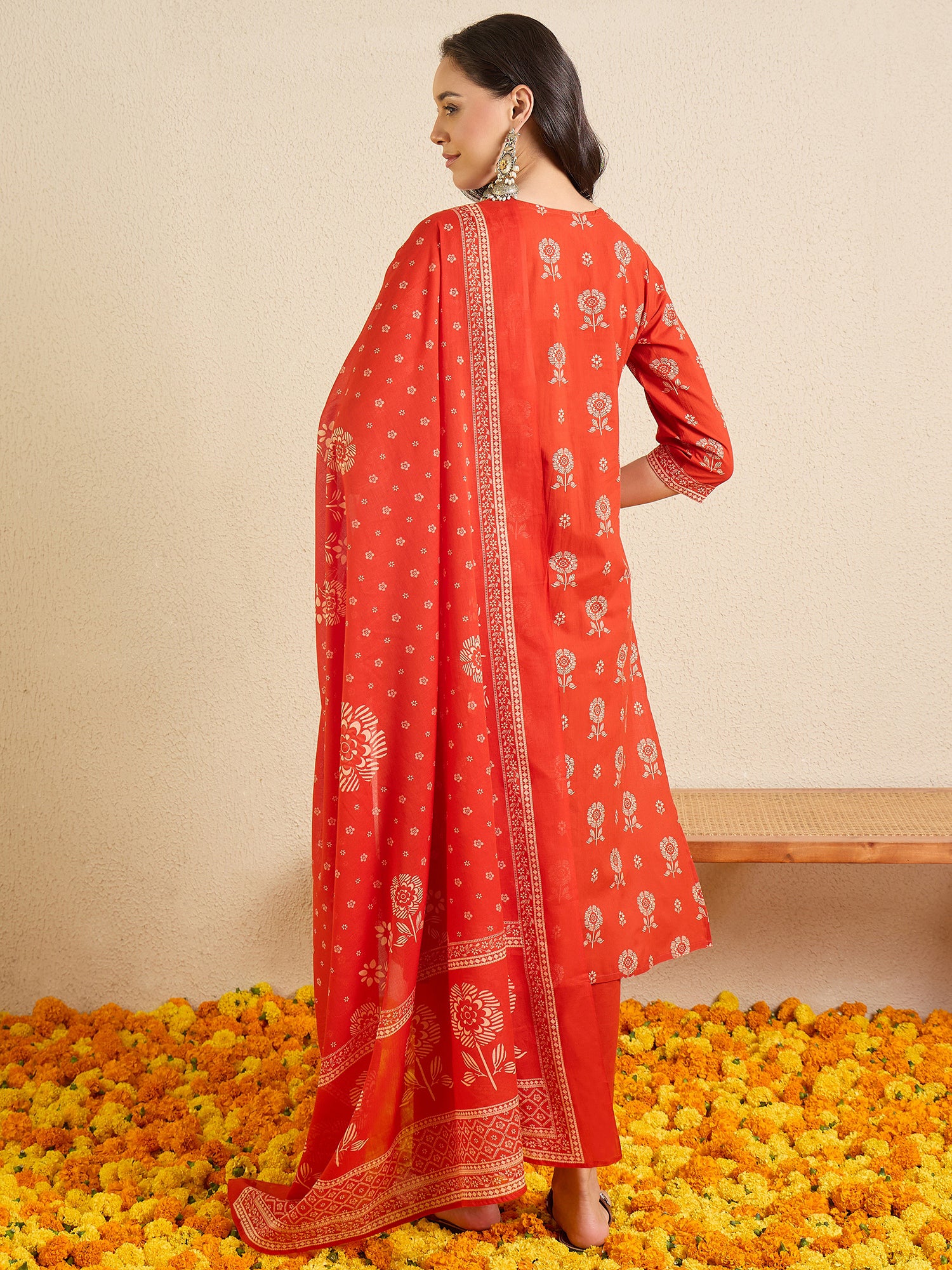 Indo Era Rust Printed Straight Kurta Trousers With Dupatta set