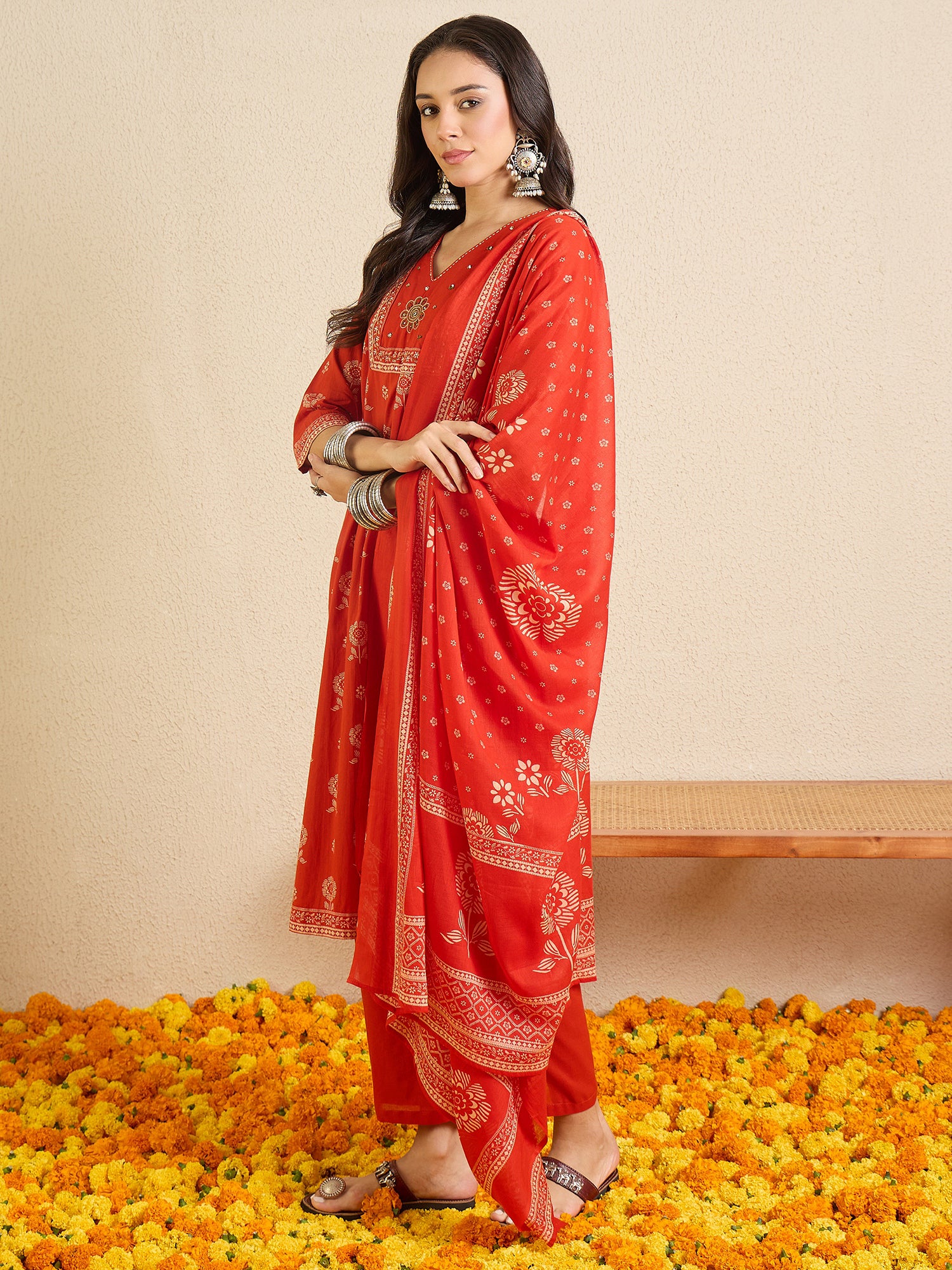 Indo Era Rust Printed Straight Kurta Trousers With Dupatta set