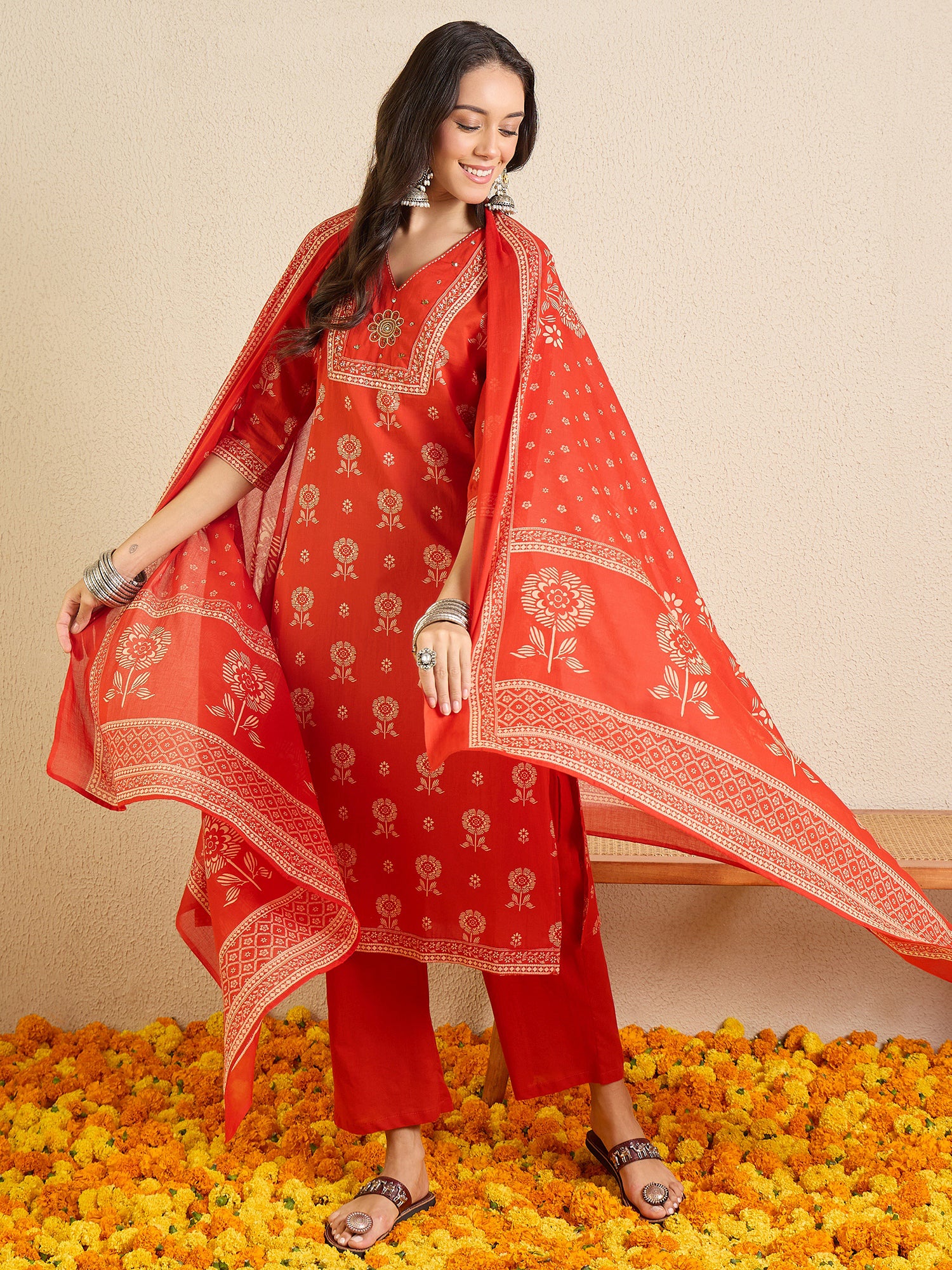 Indo Era Rust Printed Straight Kurta Trousers With Dupatta set