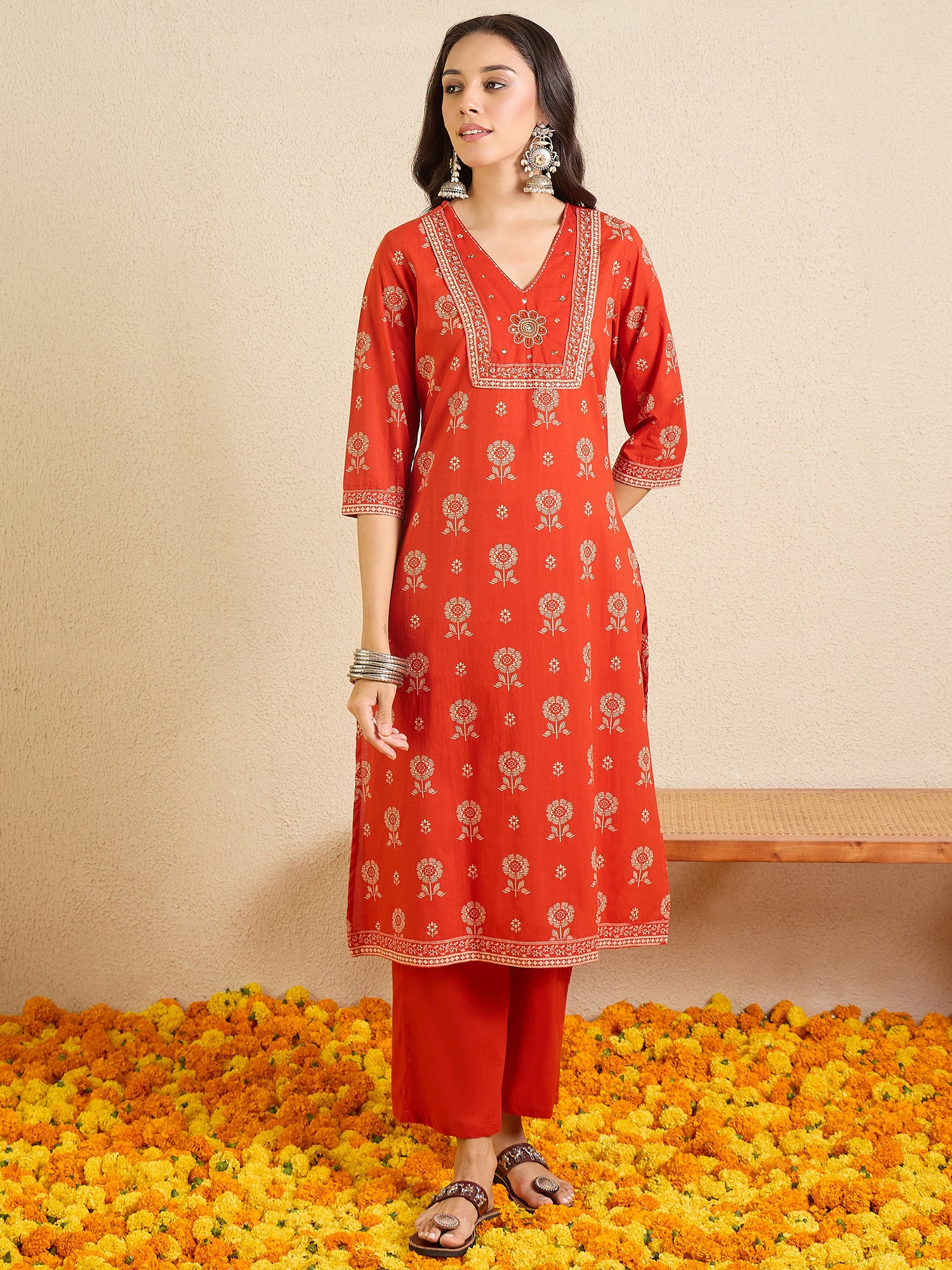 Indo Era Rust Printed Straight Kurta Trousers With Dupatta set