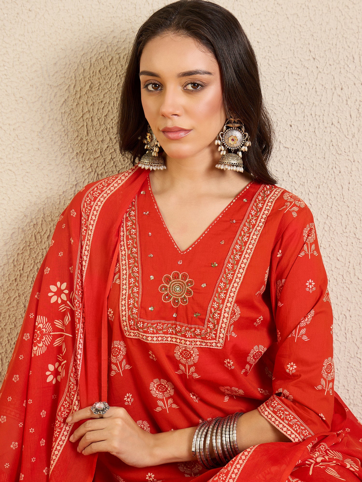 Indo Era Rust Printed Straight Kurta Trousers With Dupatta set