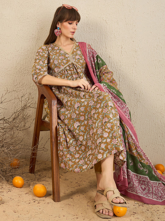 Indo Era Green Printed A-Line Kurta Trousers With Dupatta Set