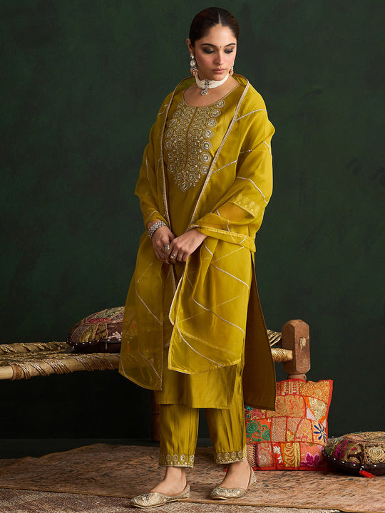 Indo Era Olive Embroidered Straight Kurta Trousers With Dupatta Set