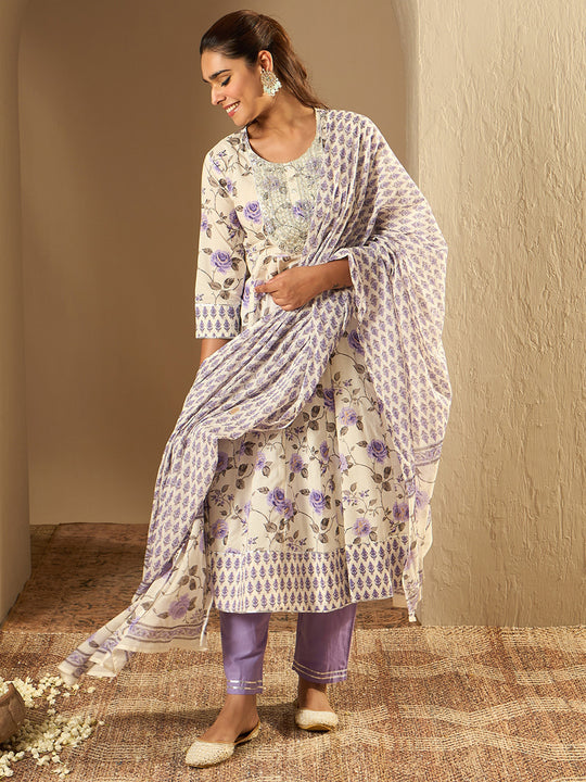 Indo Era Off White Embroidered A-Line Kurta Trousers With Dupatta Set