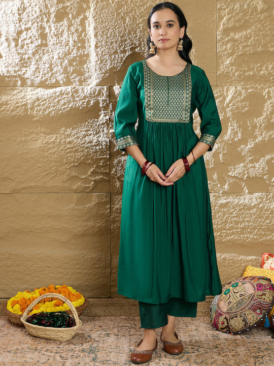 Indo Era Green Yoke Design A-Line Kurtas