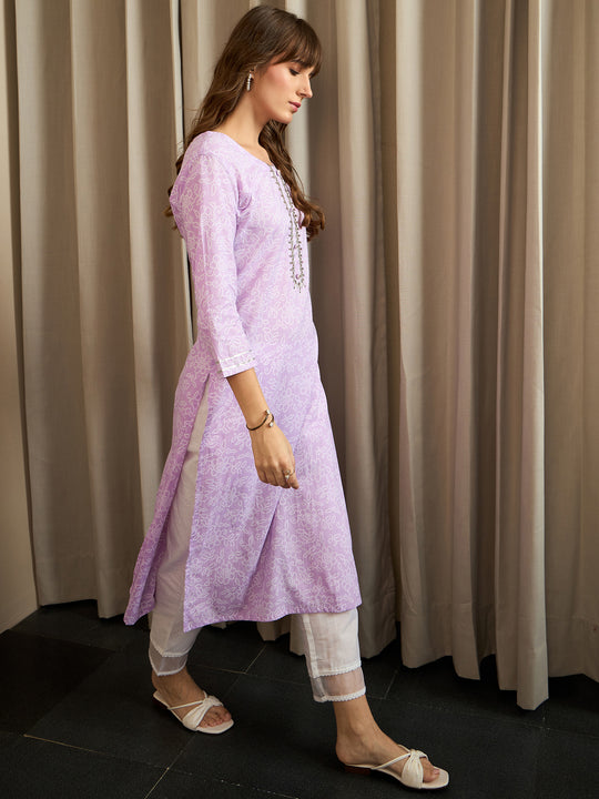 Indo Era Lavender Printed Straight Kurtas