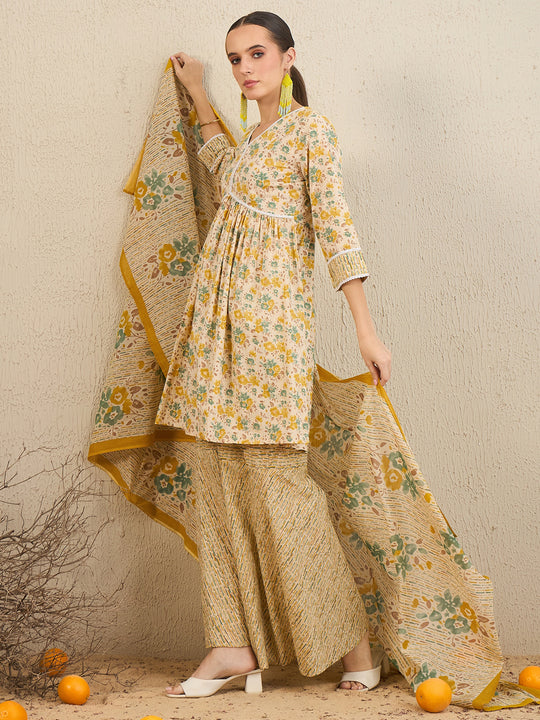 Indo Era Beige & yellow printed Kurta with Sharara & dupatta