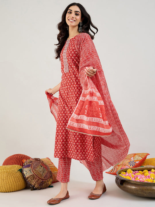 Indo Era Red Printed Straight Kurta Trousers With Dupatta set