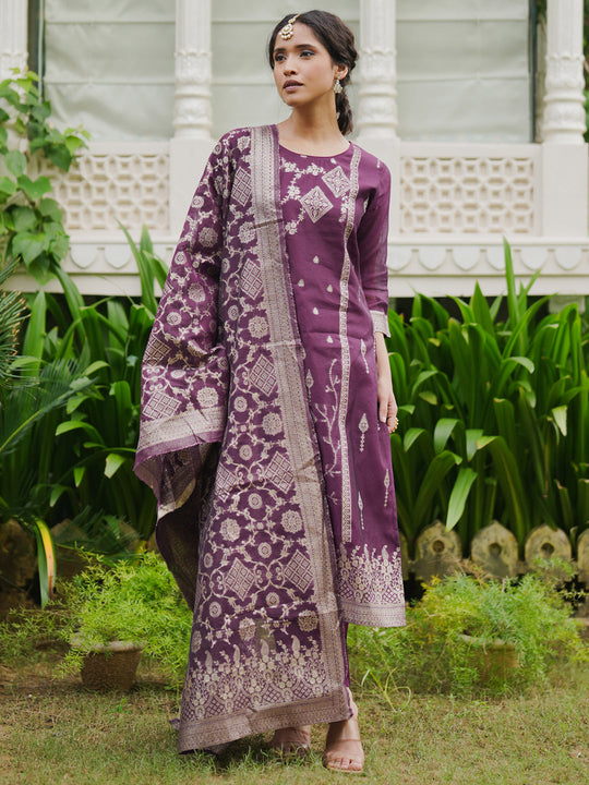 Indo Era Purple Woven Design Straight Kurta Trousers With Dupatta  Set