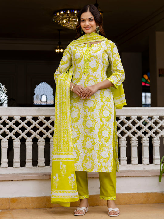 Indo Era Green Printed Straight Kurta Trousers With Dupatta set