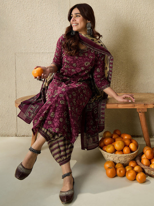 Indo Era Burgundy Printed Straight Kurta Salwar With Dupatta set