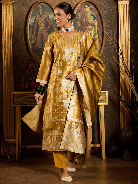 Indo Era Mustard Woven Design Straight Kurta Trousers With Dupatta set