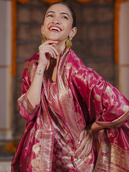 Indo Era Pink Woven Design Straight Kurta Trousers With Dupatta set