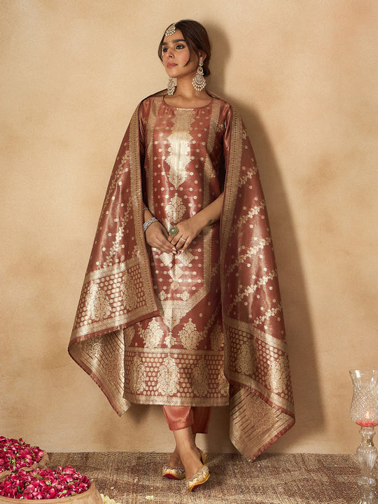 Indo Era Red Woven Design Straight Kurta Trousers With Dupatta set