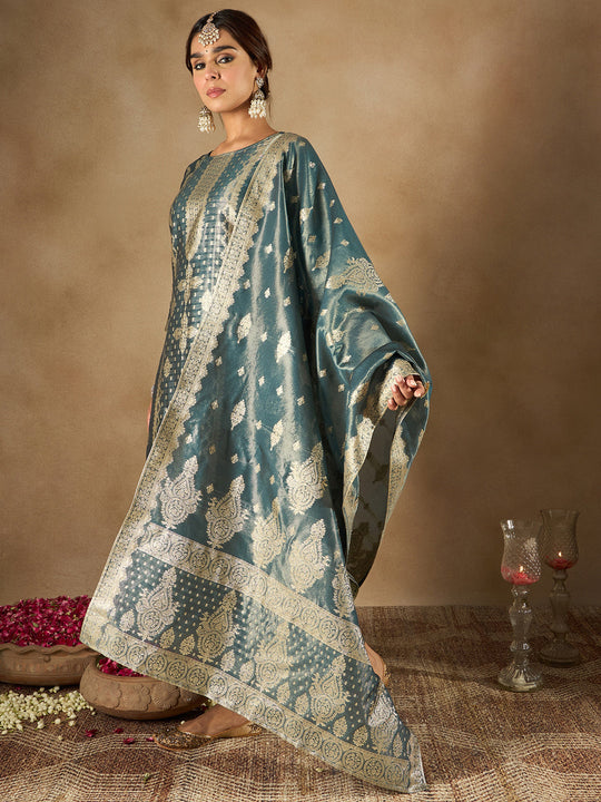 Indo Era Blue Woven Design Straight Kurta Trousers With Dupatta set