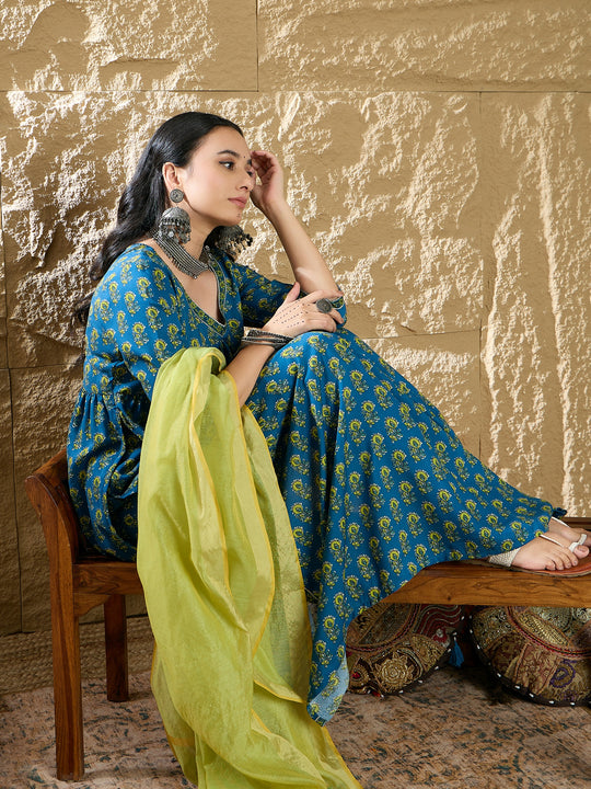 Blue Embroidered A-Line Kurta Trousers With Dupatta