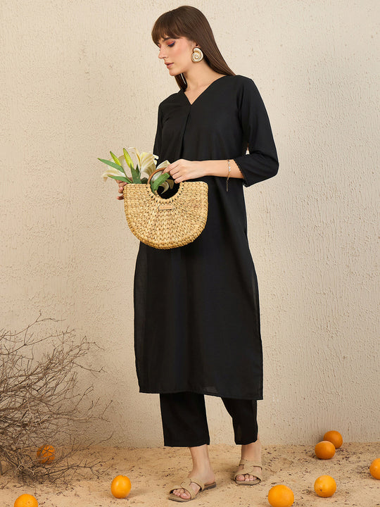 Indo Era Black Solid Straight Kurta Trousers  Set