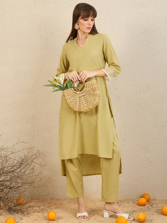 Indo Era Green Self Design Straight Kurta Trousers  Set