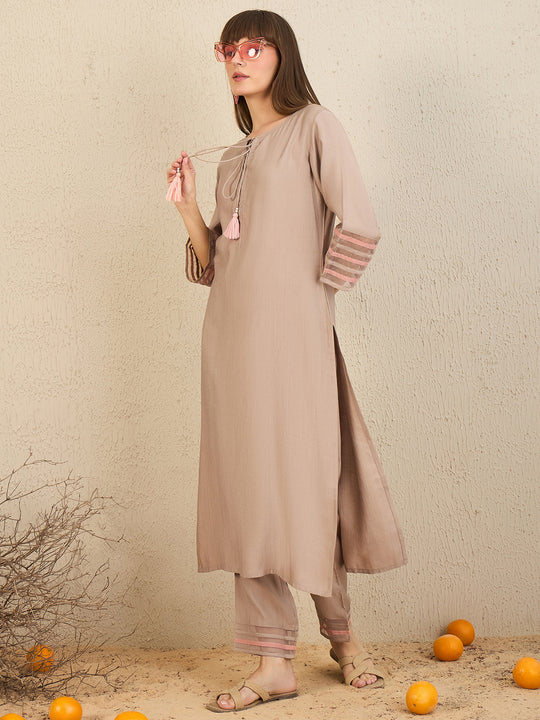 Indo Era Brown Self Design Straight Kurta Trousers  Set