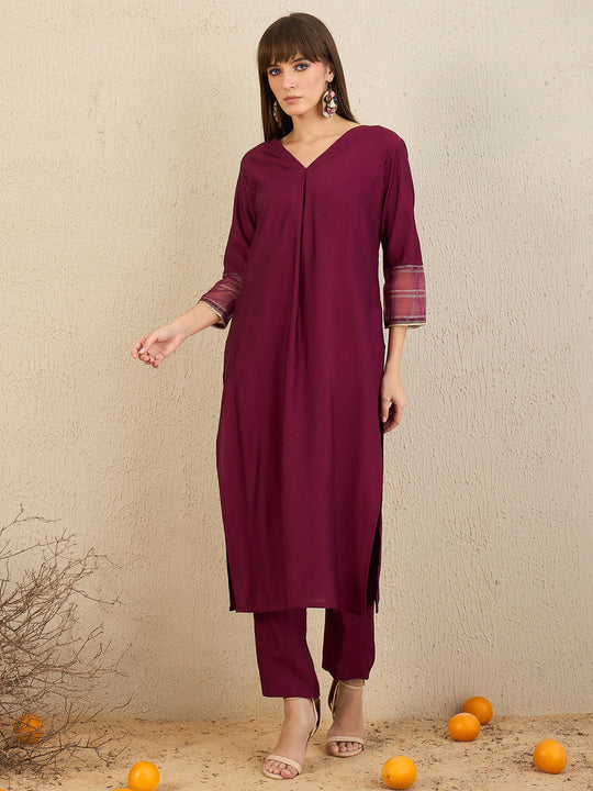Indo Era Burgundy Self Design Straight Kurta Trousers  Set