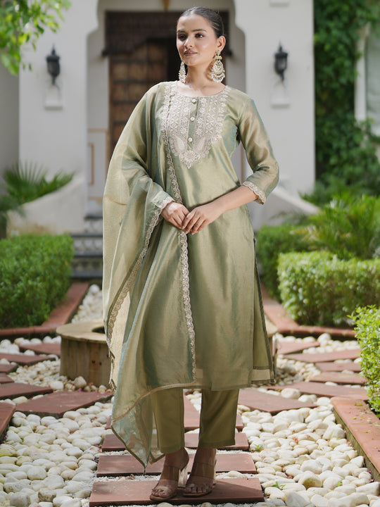 Indo Era Green Embroidered Straight Kurta Trousers With Dupatta set