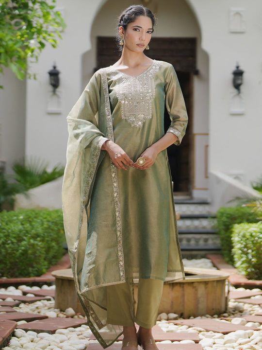 Indo Era Green Embroidered Straight Kurta Trousers With Dupatta set