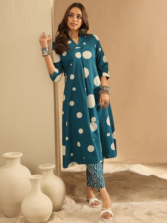 Indo Era Teal Printed A-Line Kurta Trousers set