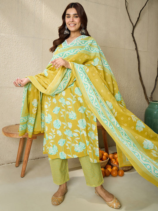 Indo Era Yellow Printed Straight Kurta Trousers With Dupatta set