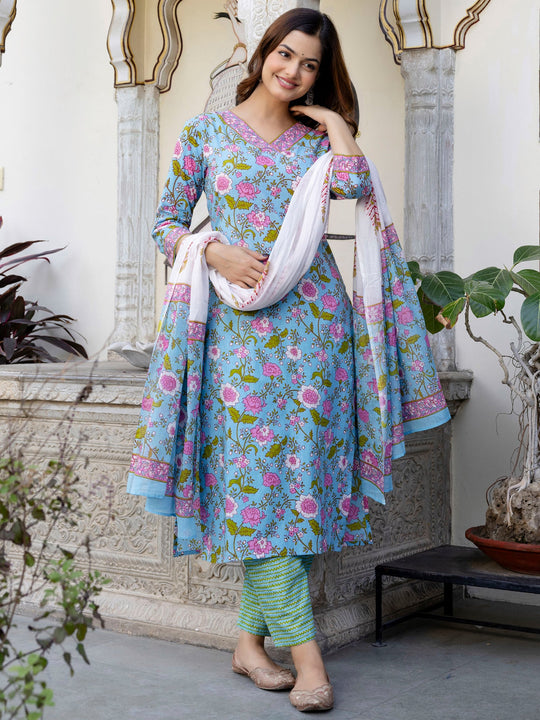 Indo Era Blue Printed Straight Kurta Trousers With Dupatta set
