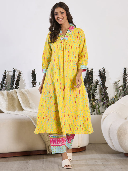 Indo Era Yellow Printed A-Line Kurta Trousers  set