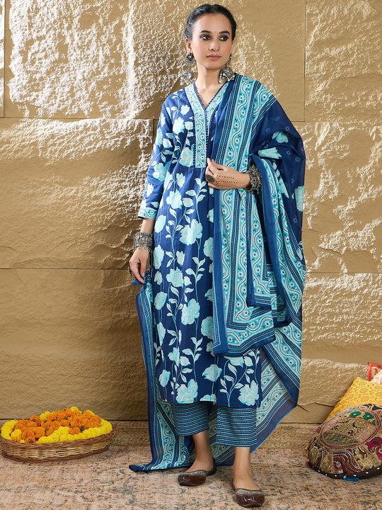 Indo Era Blue Printed Straight Kurta Trousers With Dupatta set
