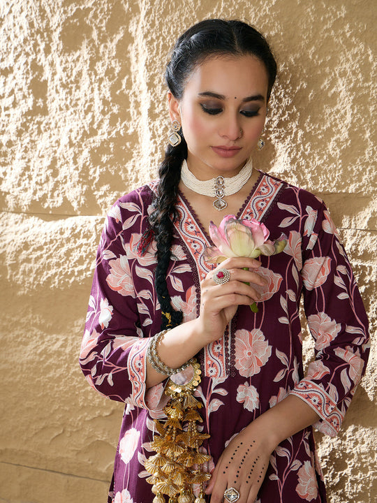 Indo Era Burgundy Printed Straight Kurta Trousers With Dupatta set