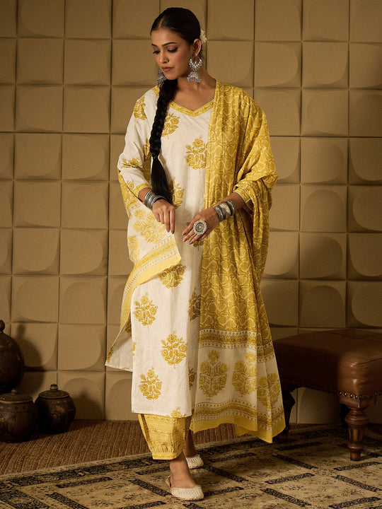 Indo Era White Printed Straight Kurta Salwar With Dupatta set