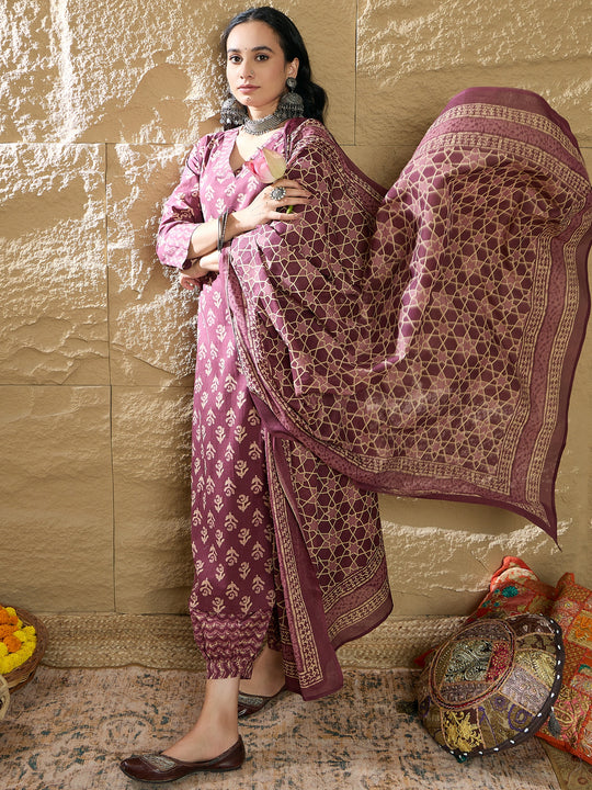 Burgundy Printed Straight Kurta Salwar With Dupatta
