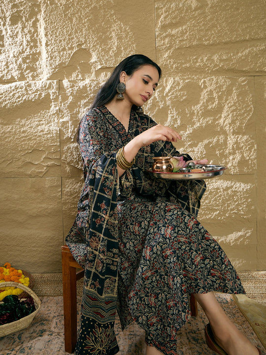 Black Printed Straight Kurta Trousers With Dupatta