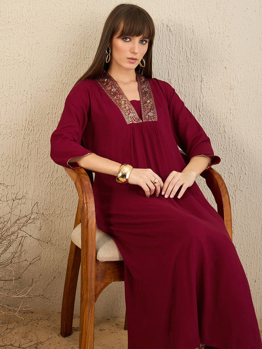 Indo Era Maroon Woven Design A-Line Kurta Trousers Set