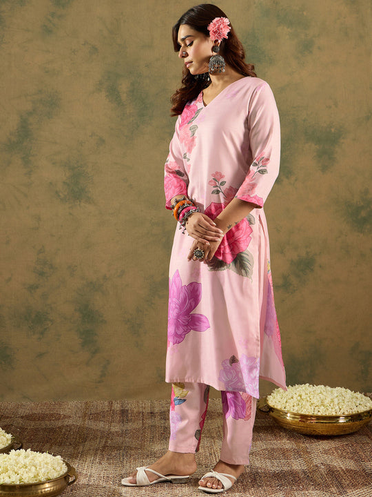 Indo Era Peach Printed Straight Kurta Trousers  Set