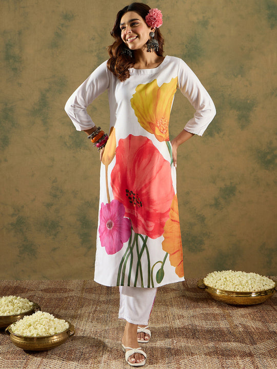 Indo Era White Printed Straight Kurta Trousers  Set