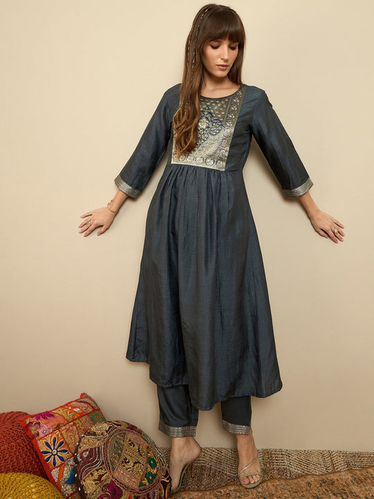 Indo Era Grey Yoke Design A-Line Kurta Trousers Set
